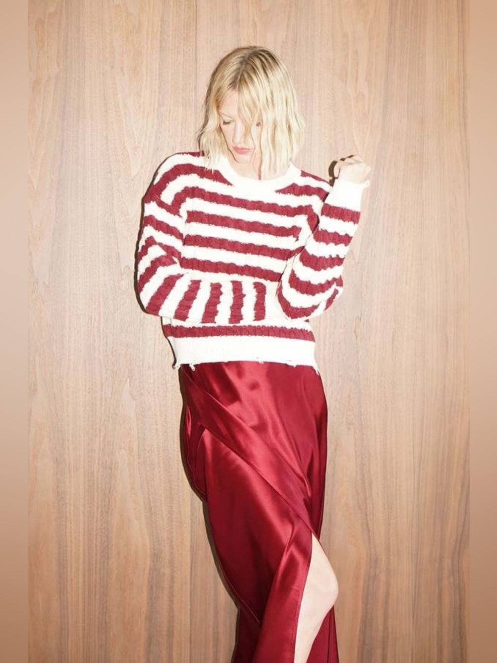 LNA Devi Distressed Cable Knit Sweater - Ivory Burgundy Stripe